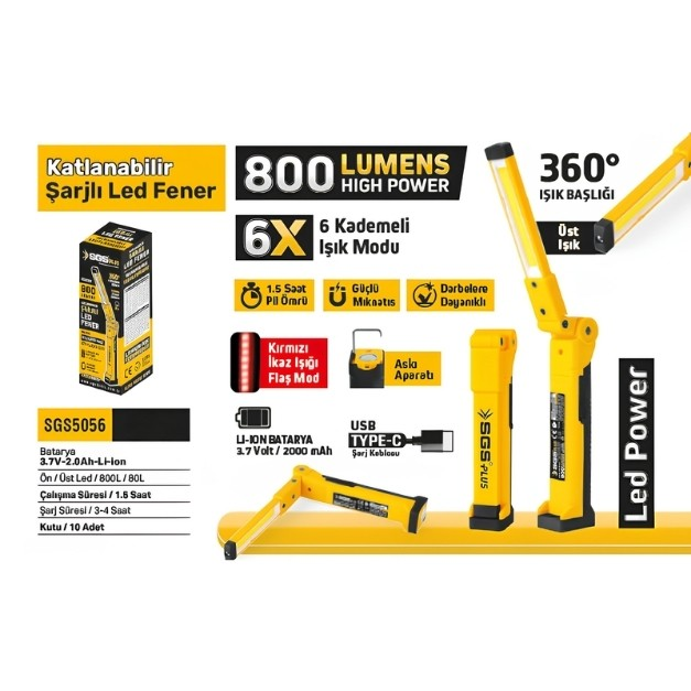 Özellikleri ve fonksiyonları gösterilen sarı, katlanabilir 800 lümen LED el feneri reklamı.