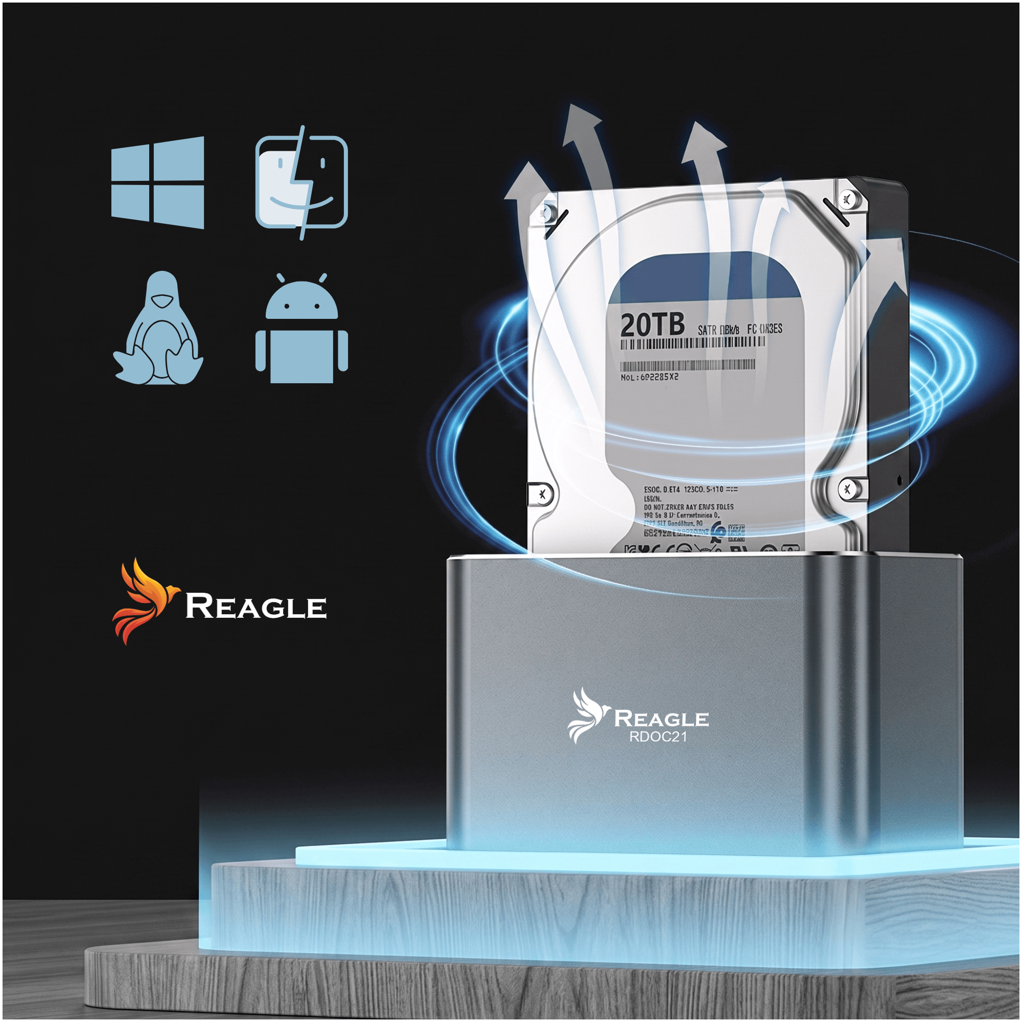 Eine silberne Reagle 20TB Festplatten-Dockingstation mit Leuchteffekten und Logos von Betriebssystemen.