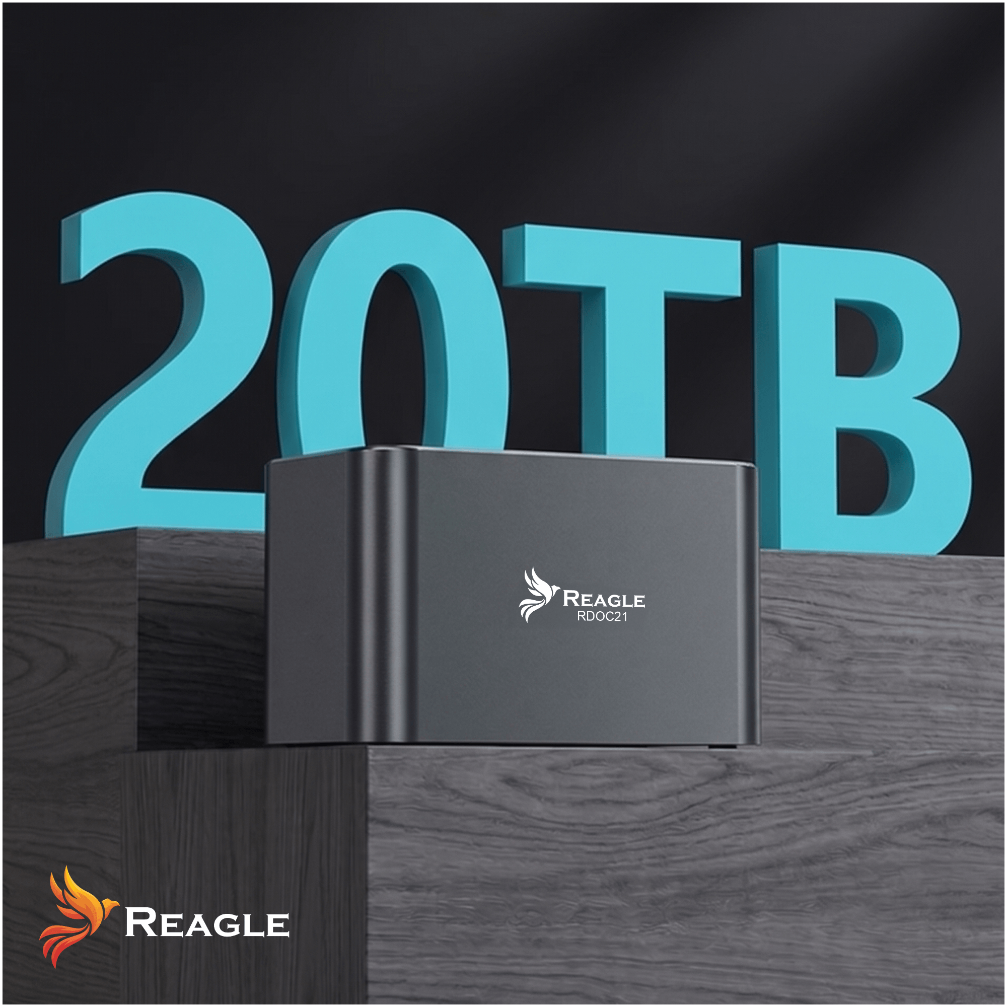 Ein graues Reagle RDOC21 Speichergerät auf einer Holzstufe vor großen, türkisfarbenen 20TB-Buchstaben.
