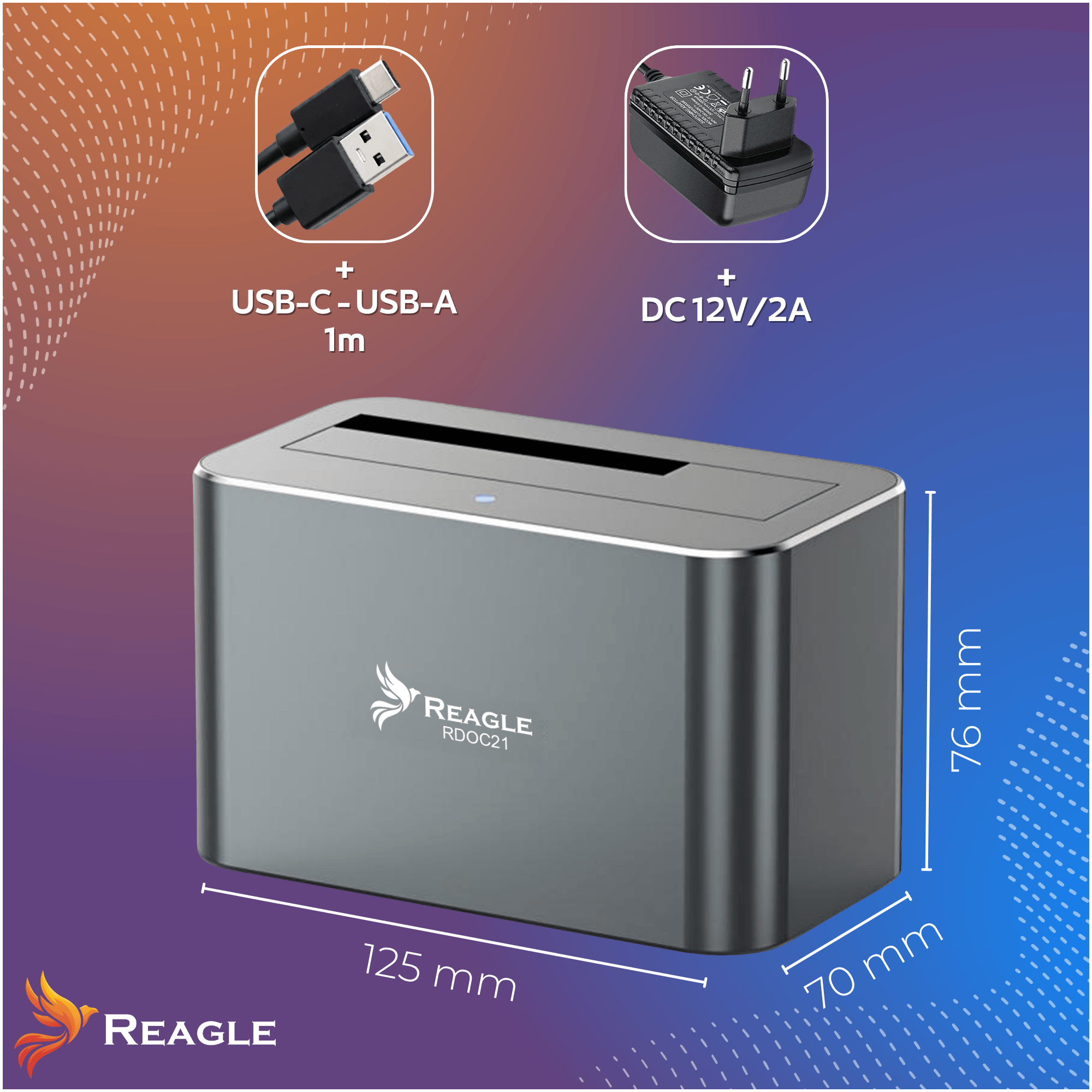 Graue Reagle RDOC21 Dockingstation mit USB-Kabel, Netzteil und Abmessungen auf blau-orangerlegtem Hintergrund.