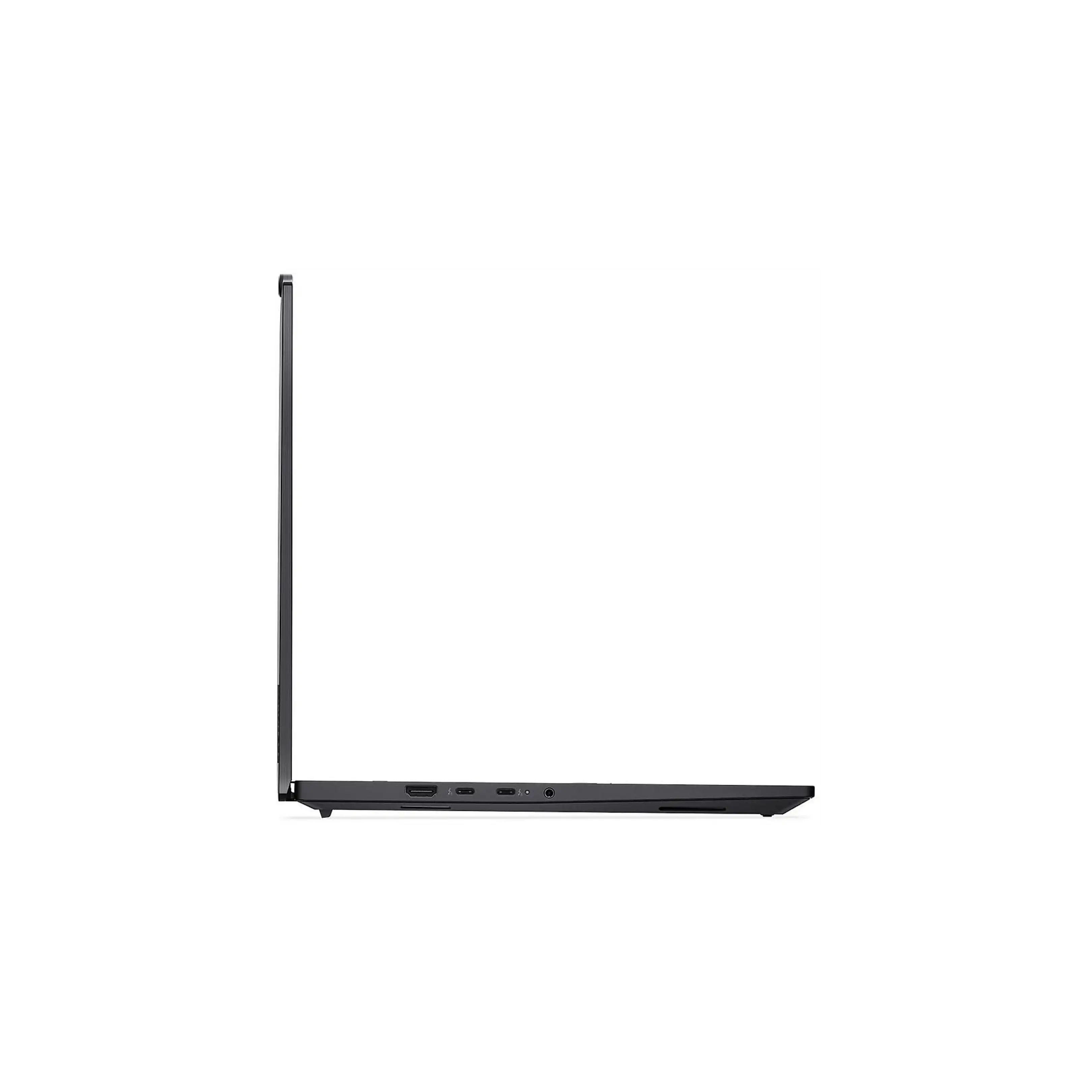 Vista laterale di un laptop nero sottile che mostra varie porte lungo il bordo destro su uno sfondo bianco e nero.
