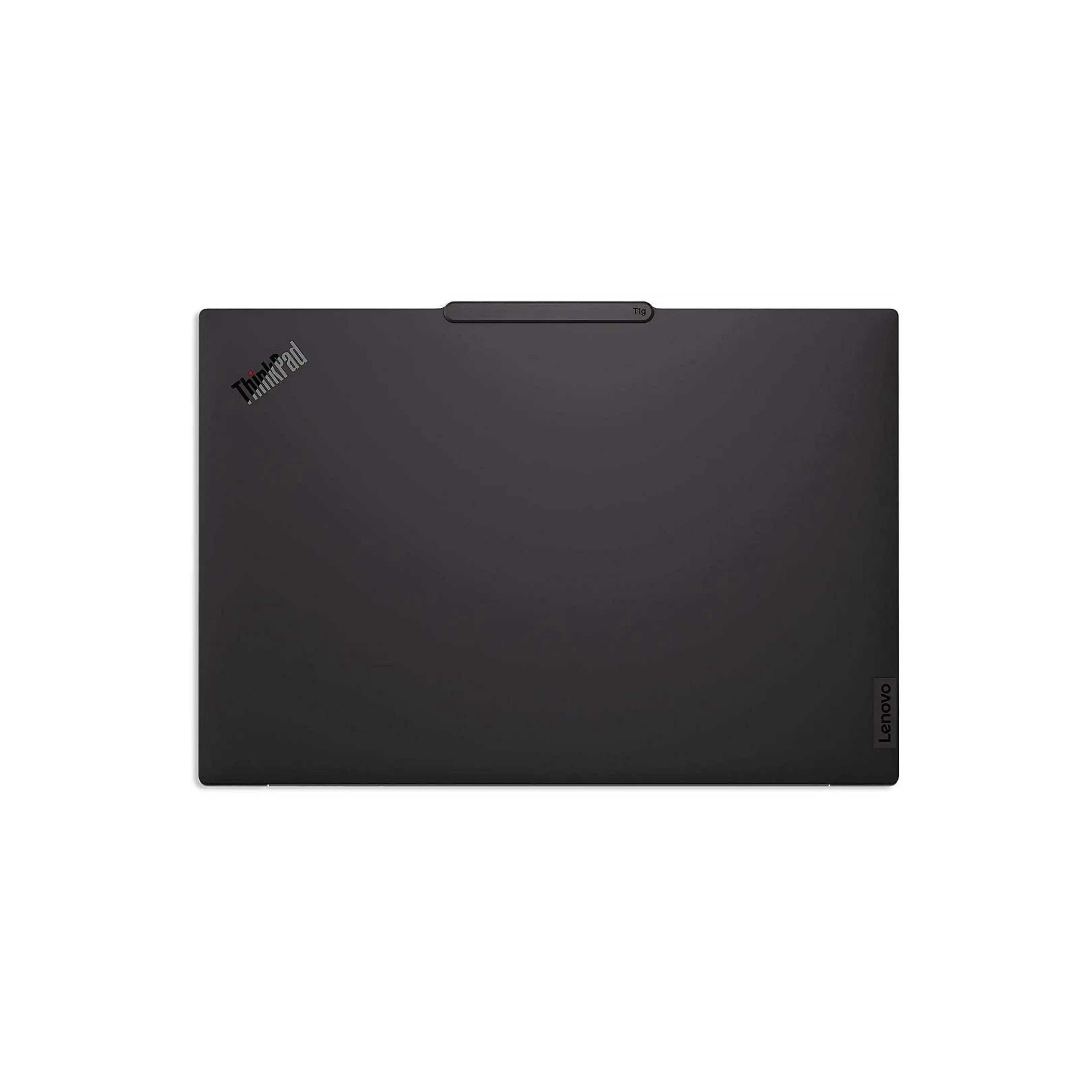 Un computer portatile Lenovo ThinkPad nero chiuso visto dall'alto, con loghi.