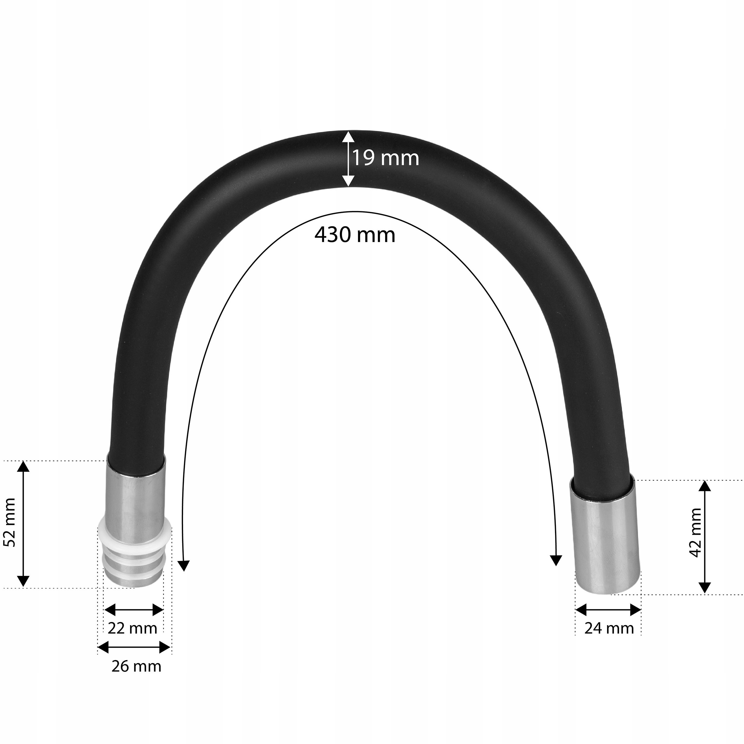 Fekete, hajlított tömlő méretekkel: 19mm vastagság, 430mm hossz, ezüst színű végekkel.