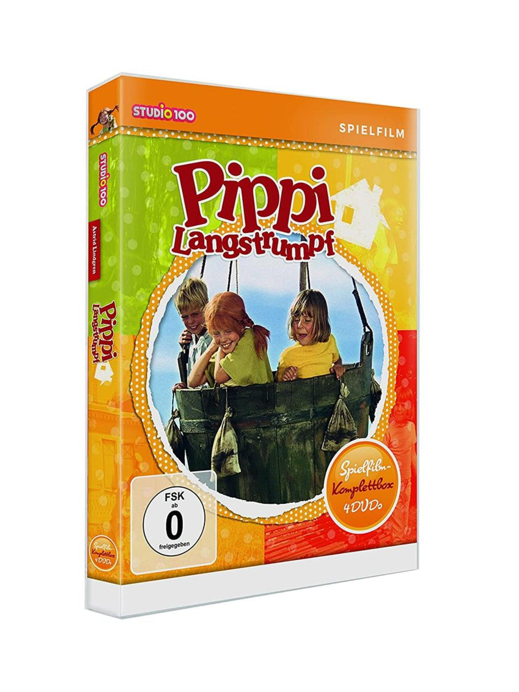 DVD-Hülle von Pippi Langstrumpf mit drei Kindern in einem Holzfass gegen blauen Himmel.