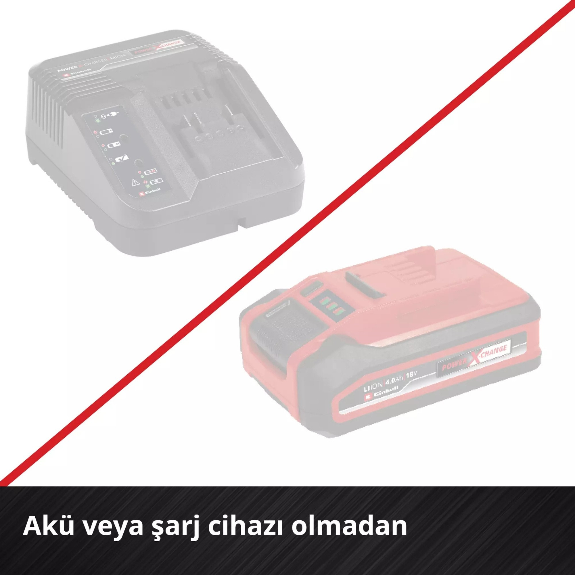 Beyaz arka planda şarj cihazı ve pil, altta siyah metin.