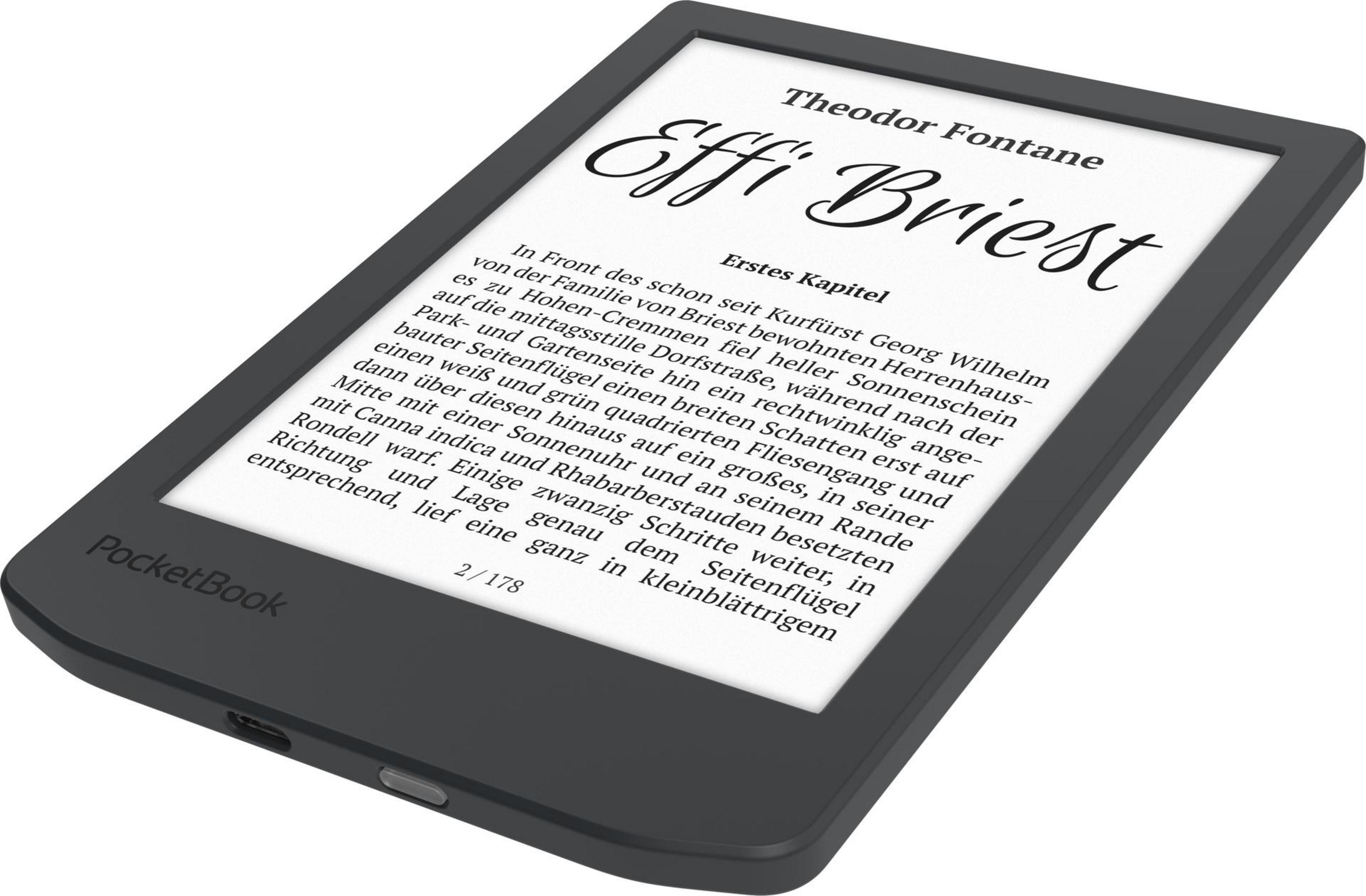 Ein schwarzer E-Reader zeigt das erste Kapitel von Effi Briest von Theodor Fontane.