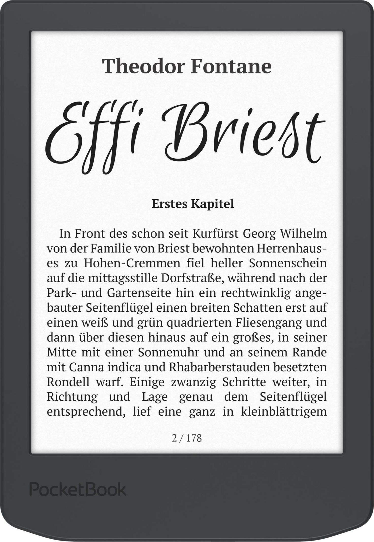 Ein E-Reader zeigt die erste Seite von Effi Briest von Theodor Fontane mit deutschem Text.