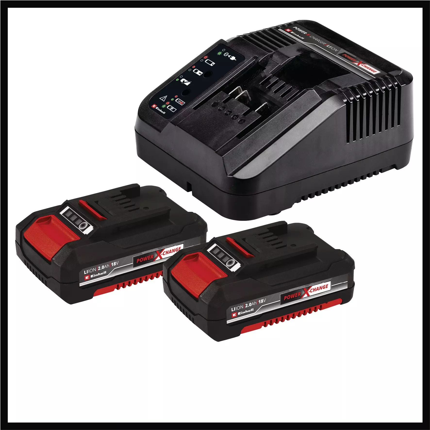 Een zwarte Einhell Power X-Change acculader en twee 18V 2,0Ah lithium-ion accu's.
