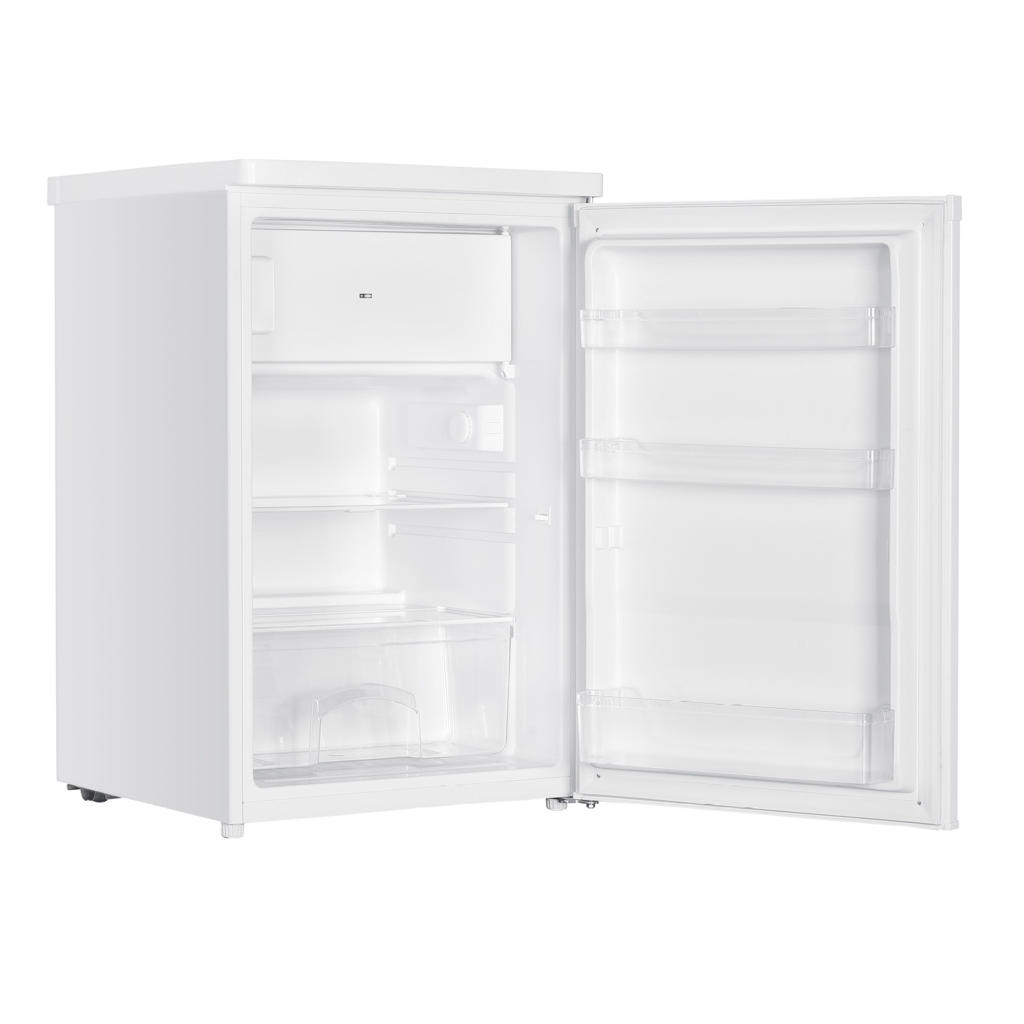 Ein kleiner weißer Kompaktkühlschrank mit geöffneter Tür, Regalen und einem Gefrierfach.