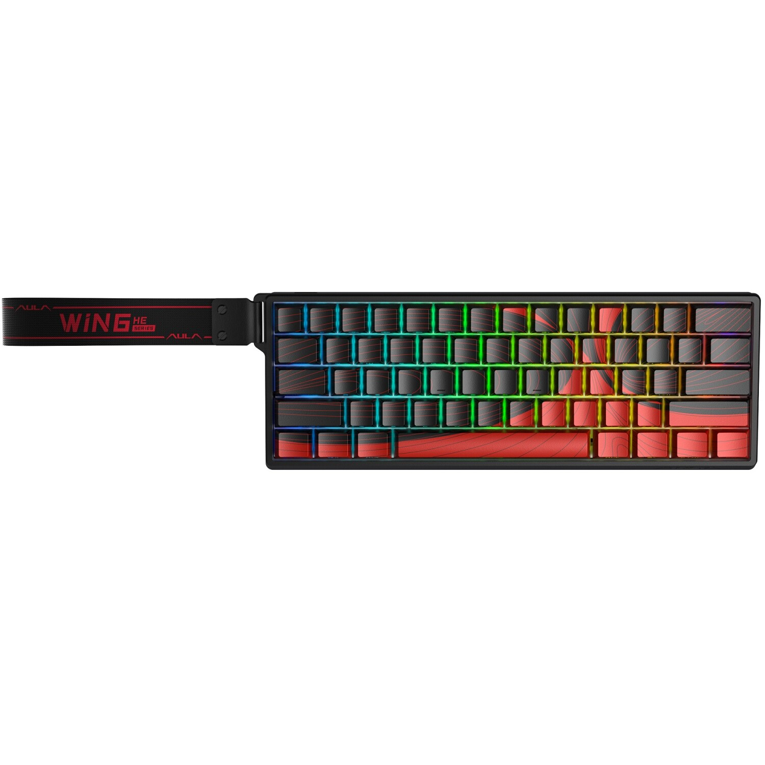 Kırmızı ve siyah tuşlu, RGB aydınlatmalı ve solunda Wing yazılı kırmızı askısı olan kompakt klavye.
