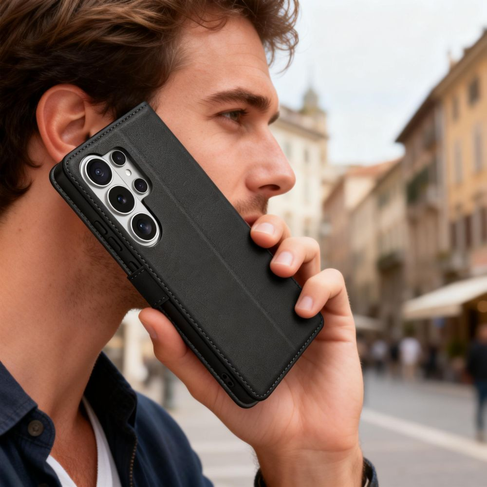 Ein Mann in einem blauen Hemd hält ein schwarzes Smartphone im Freien an sein Ohr, mit einer verschwommenen Stadtstraße im Hintergrund.