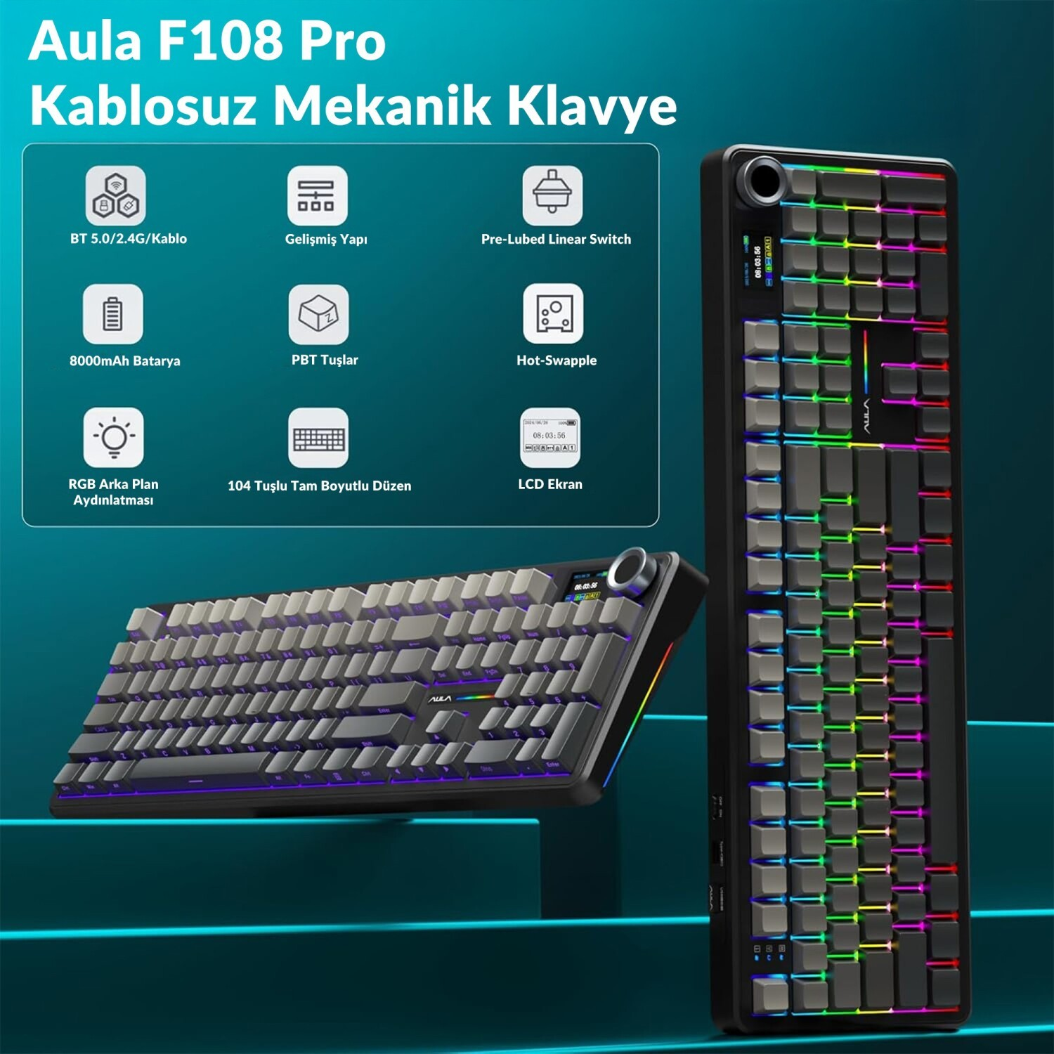 RGB aydınlatmalı, LCD ekranlı ve özellikli Aula F108 Pro mekanik klavye.