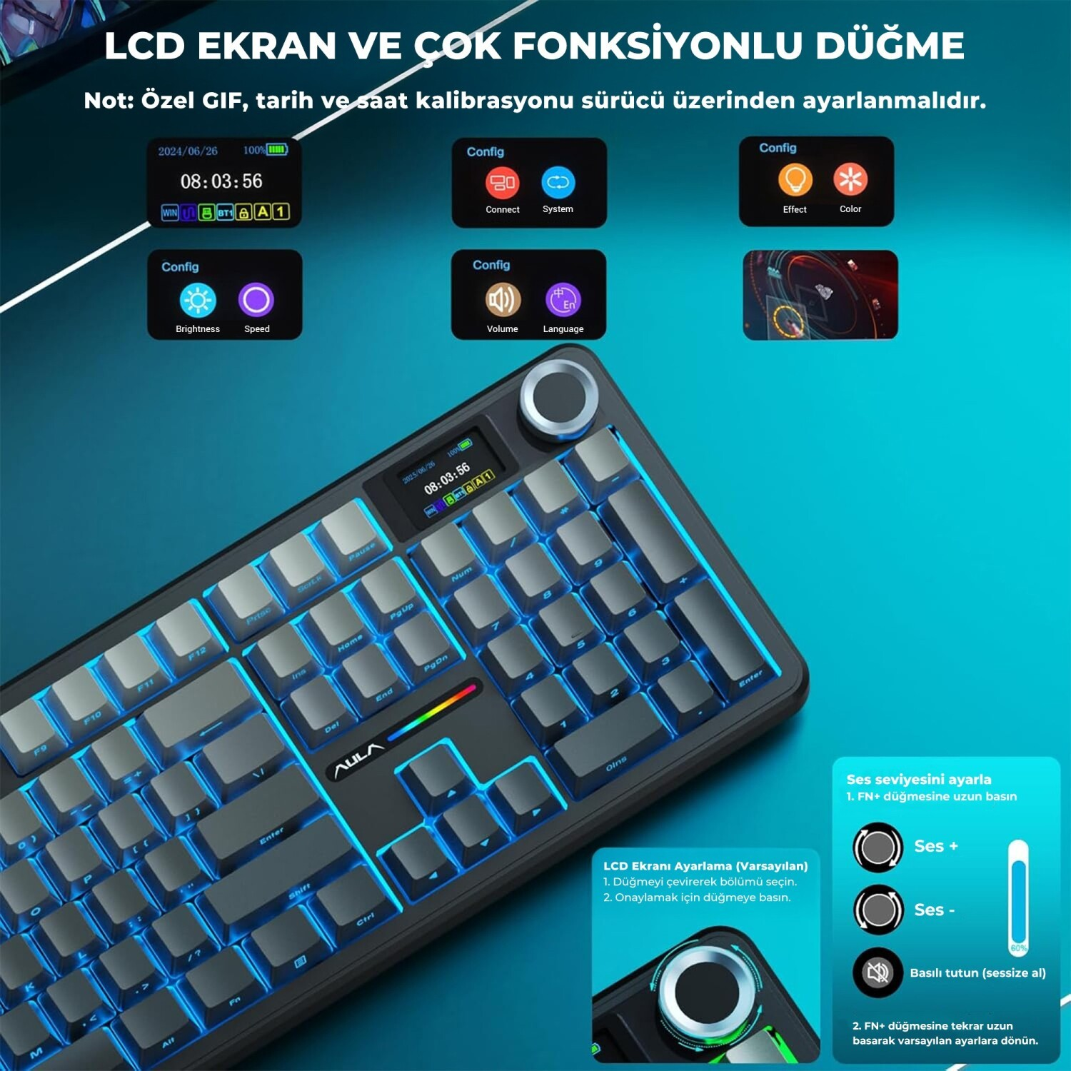 Mavi arka aydınlatmalı, entegre LCD ekranlı ve döner düğmeli mekanik klavye, turkuaz arka planda.