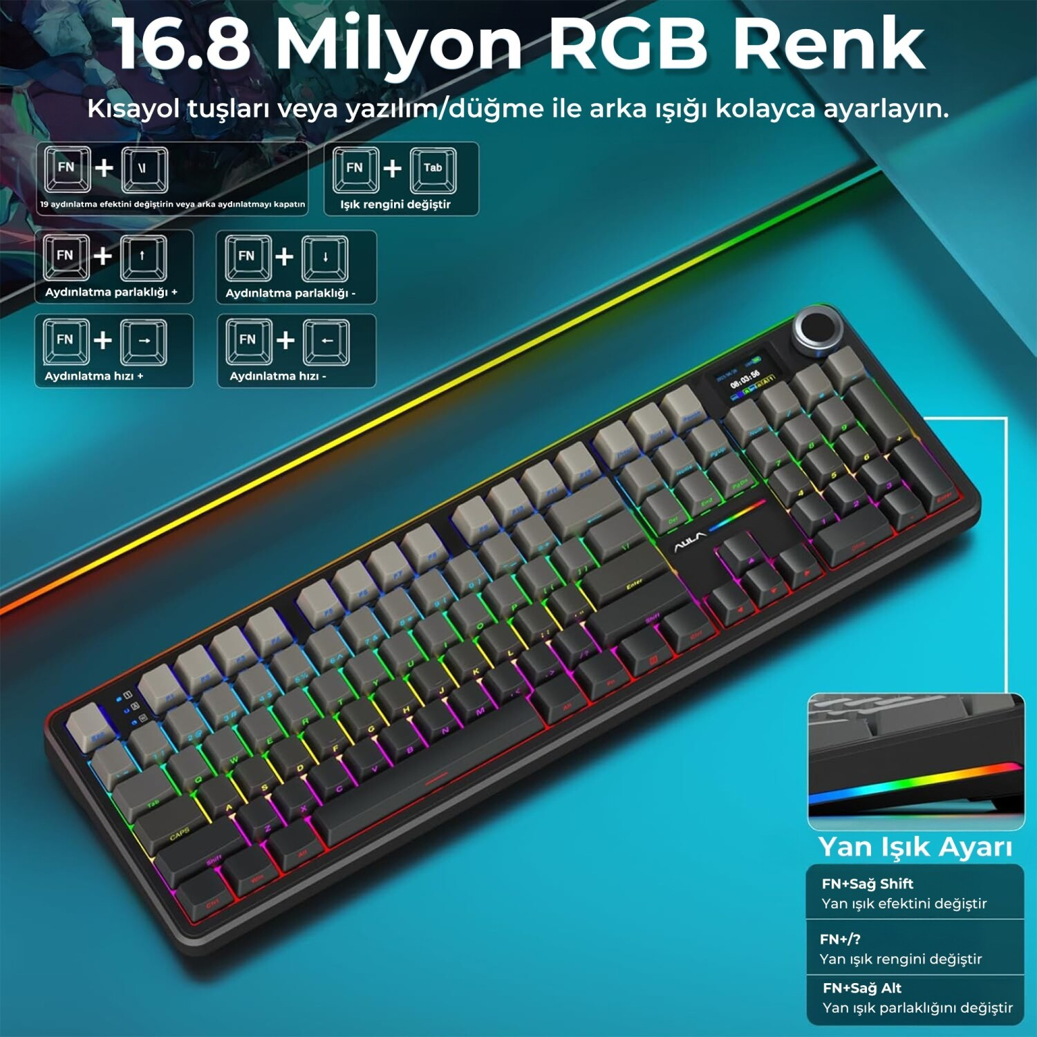 Mavi arka plan üzerinde kısayol rehberleri olan RGB mekanik klavye.