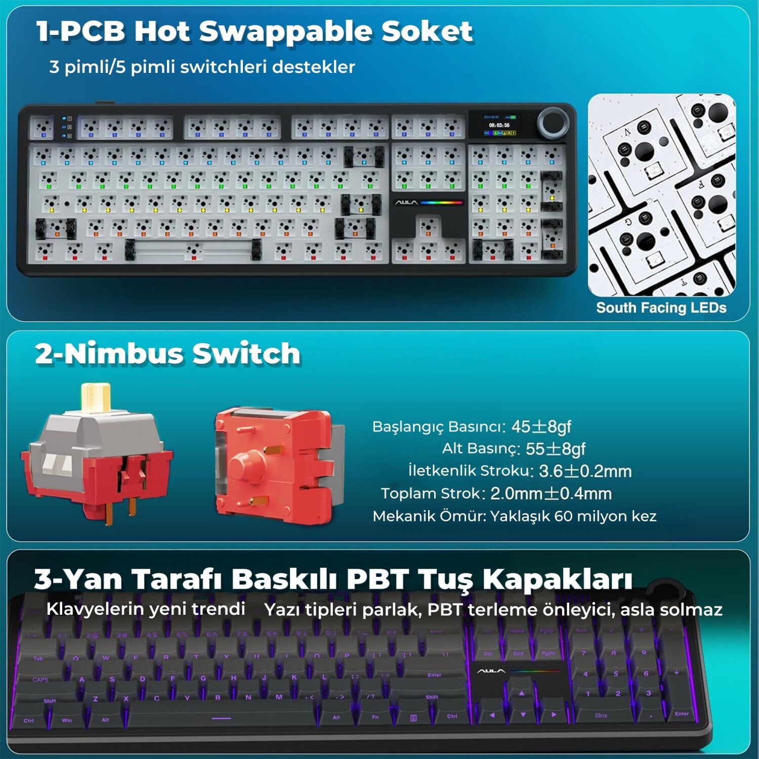 Mekanik klavyenin PCB yuvalarını, Nimbus switch'lerini ve PBT tuş kapaklarını gösteren görsel.