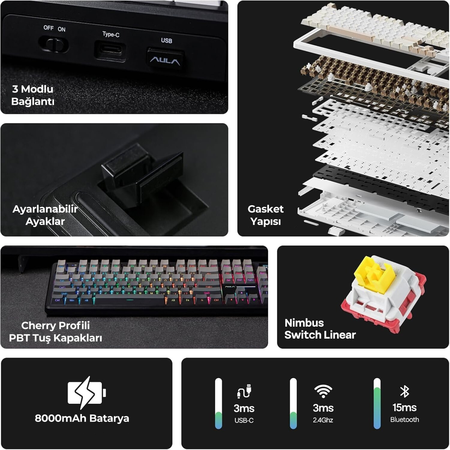 Portları, anahtarları, bataryayı ve conta yapısını gösteren mekanik klavyenin teknik detayları.
