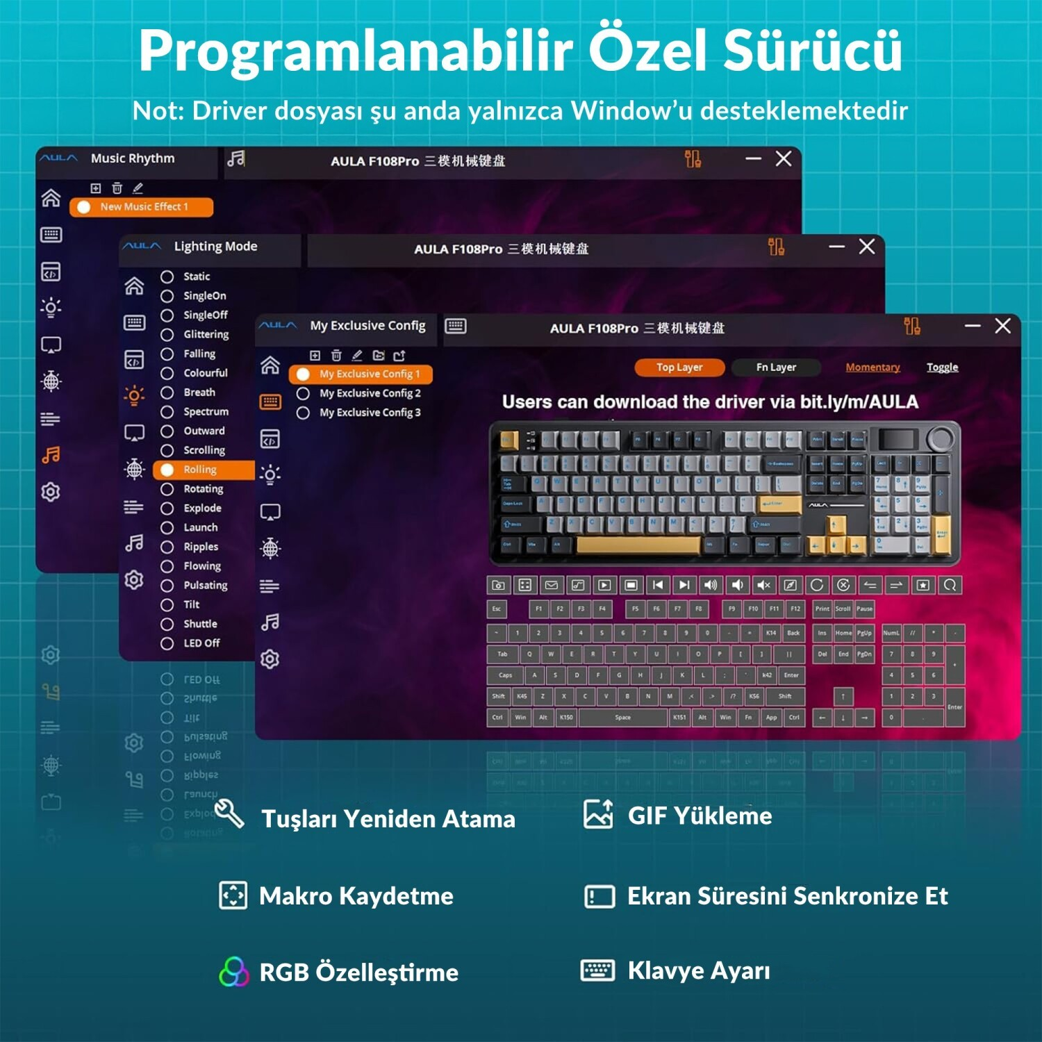 Aydınlatma, makro ve tuş özelleştirme seçeneklerini gösteren AULA klavye sürücü yazılımı ekran görüntüsü.