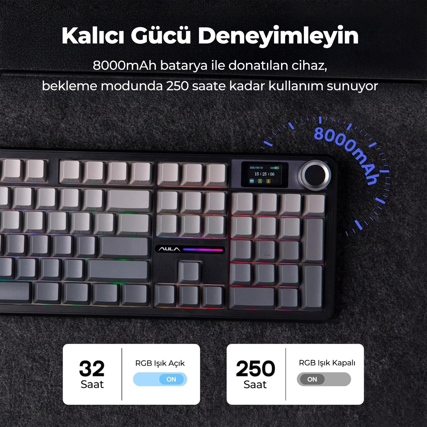 Ekranlı, ses tekerlekli ve RGB aydınlatmalı mekanik klavye siyah arka planda.
