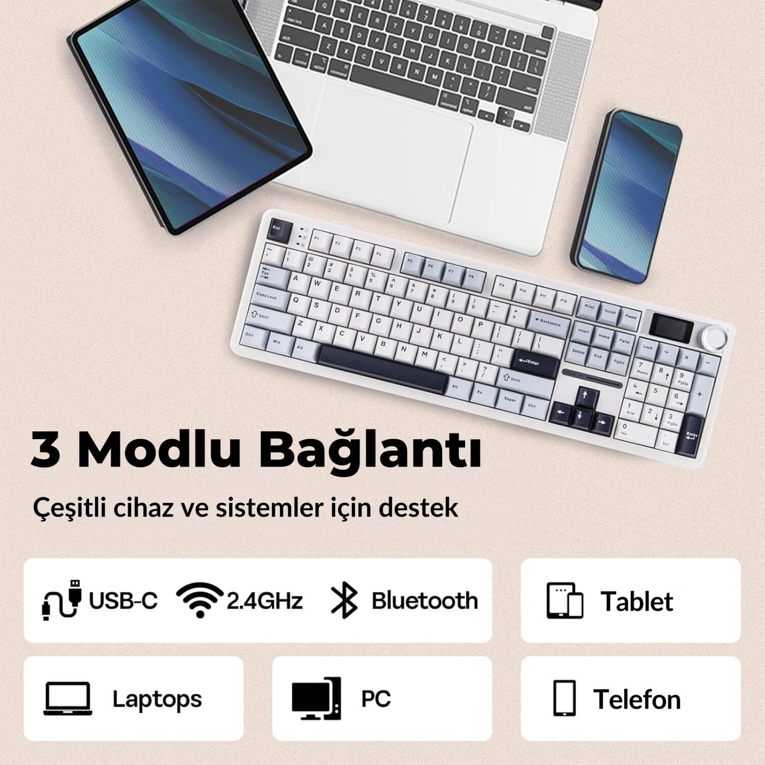 Dizüstü, tablet, telefon ve klavyeden oluşan teknoloji seti. Bağlantı ve cihaz ikonları yer alıyor.