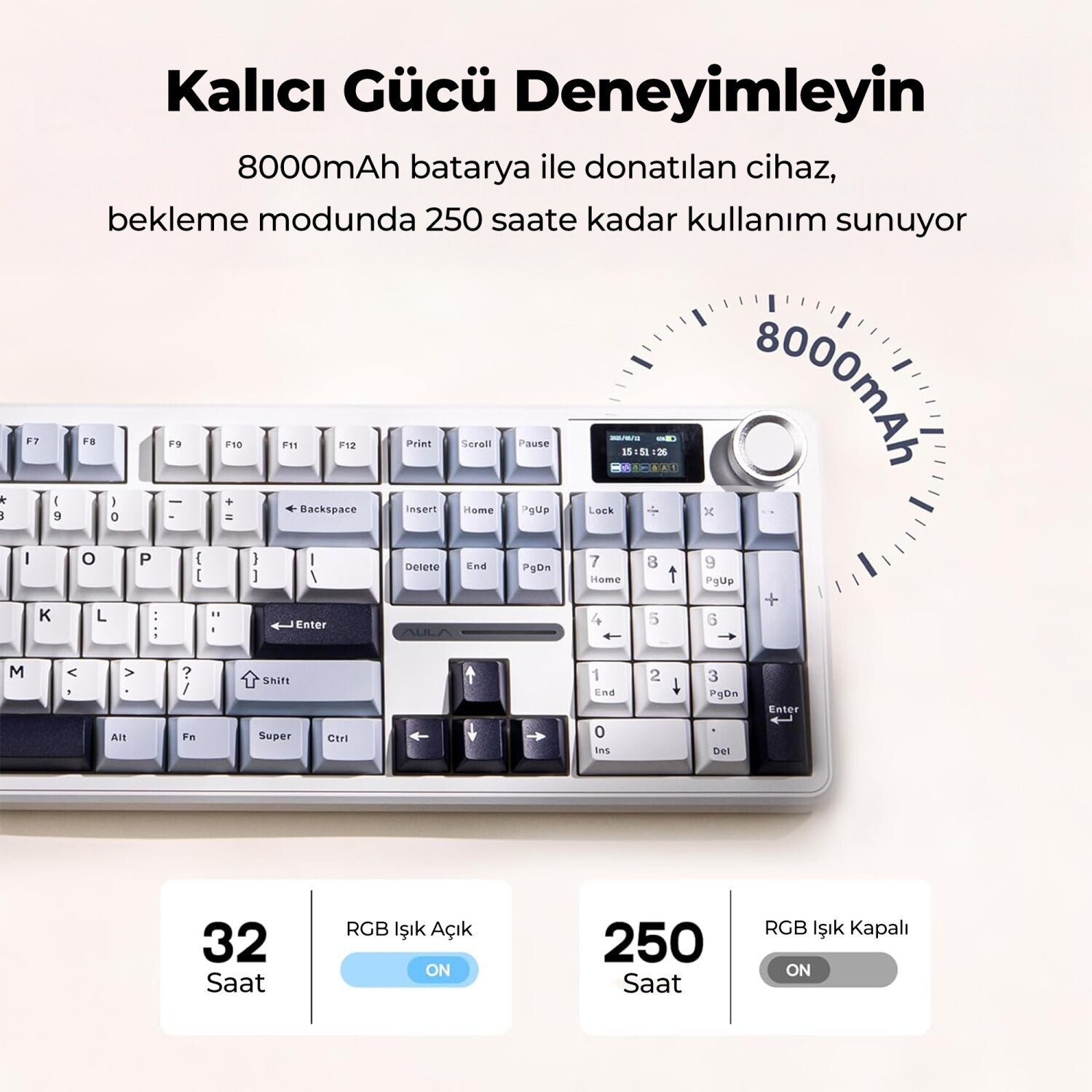 Ekranlı ve 8000mAh yazılı beyaz ve gri renkli bir klavye.