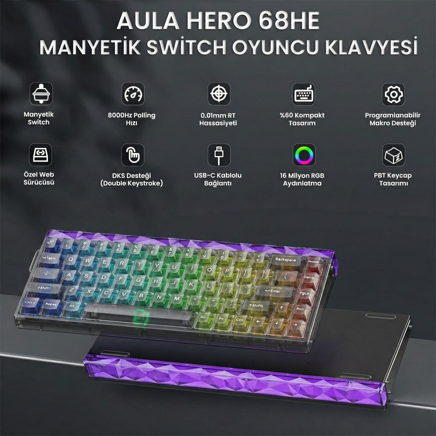 Şeffaf mor kristal kasalı ve RGB aydınlatmalı Aula Hero 68HE mekanik oyuncu klavyesi.