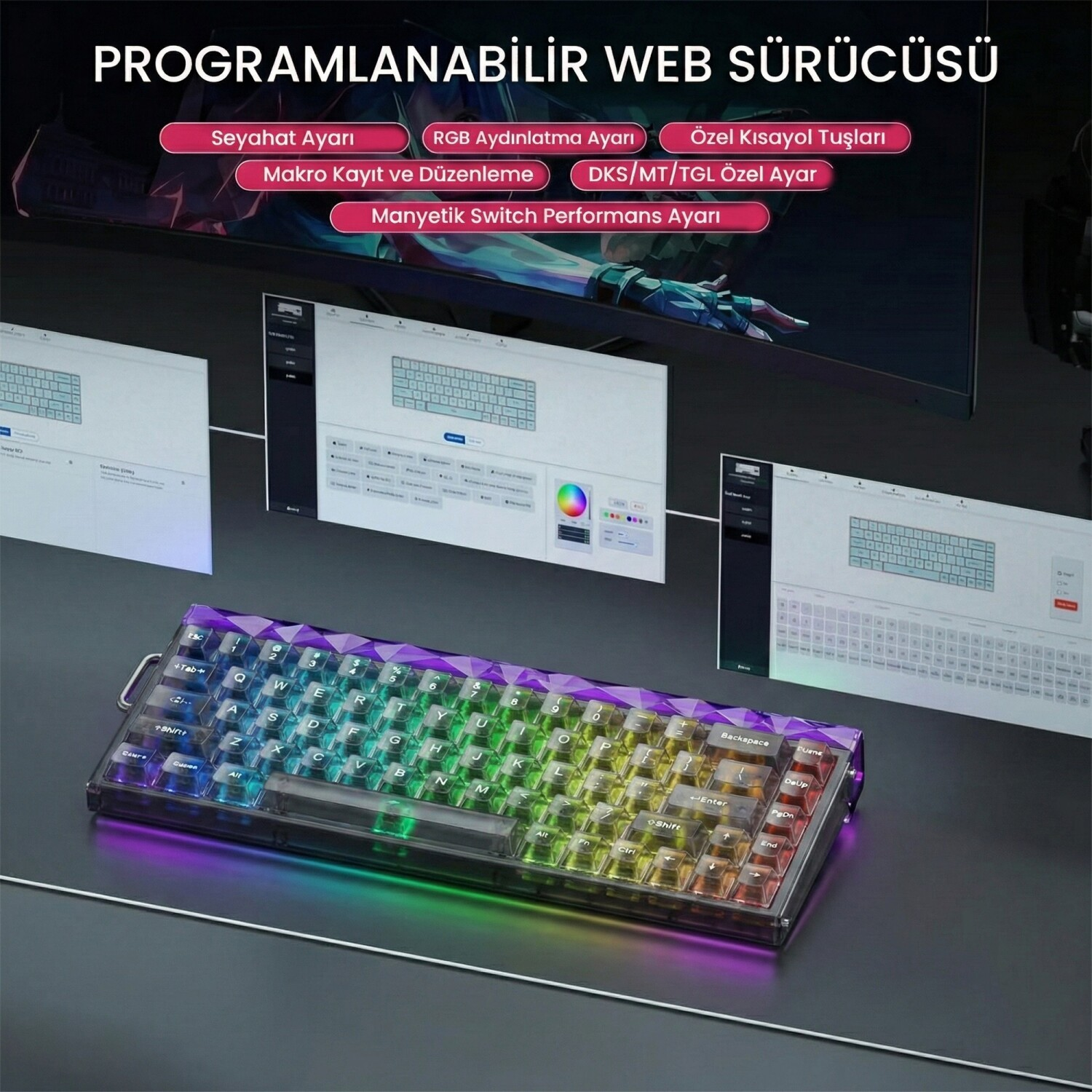 Arka planda yazılım arayüzü olan, masada duran programlanabilir RGB oyuncu klavyesi.
