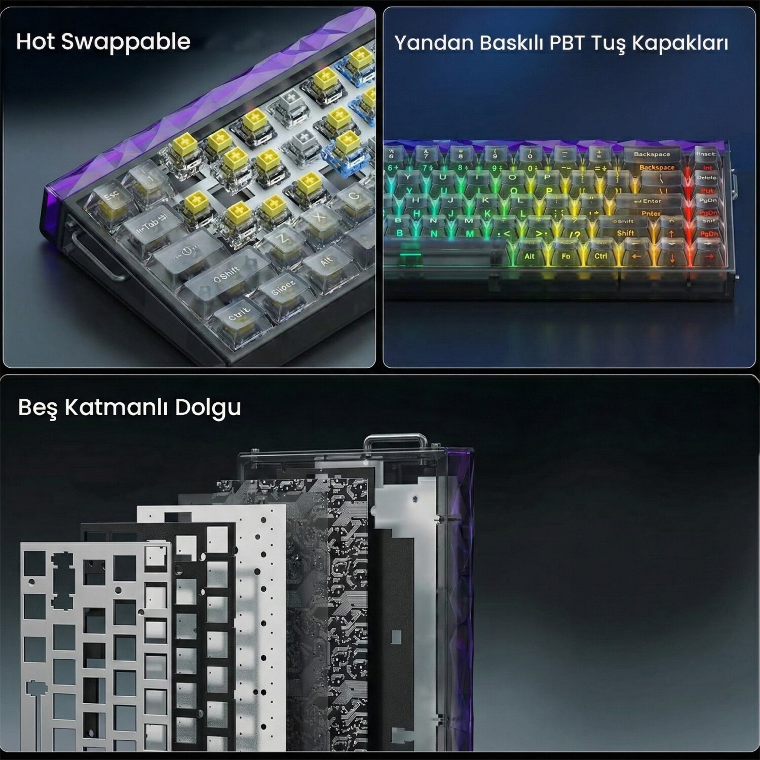 Çalışırken değiştirilebilir anahtarlara, RGB aydınlatmaya ve çok katmanlı yapıya sahip klavye.