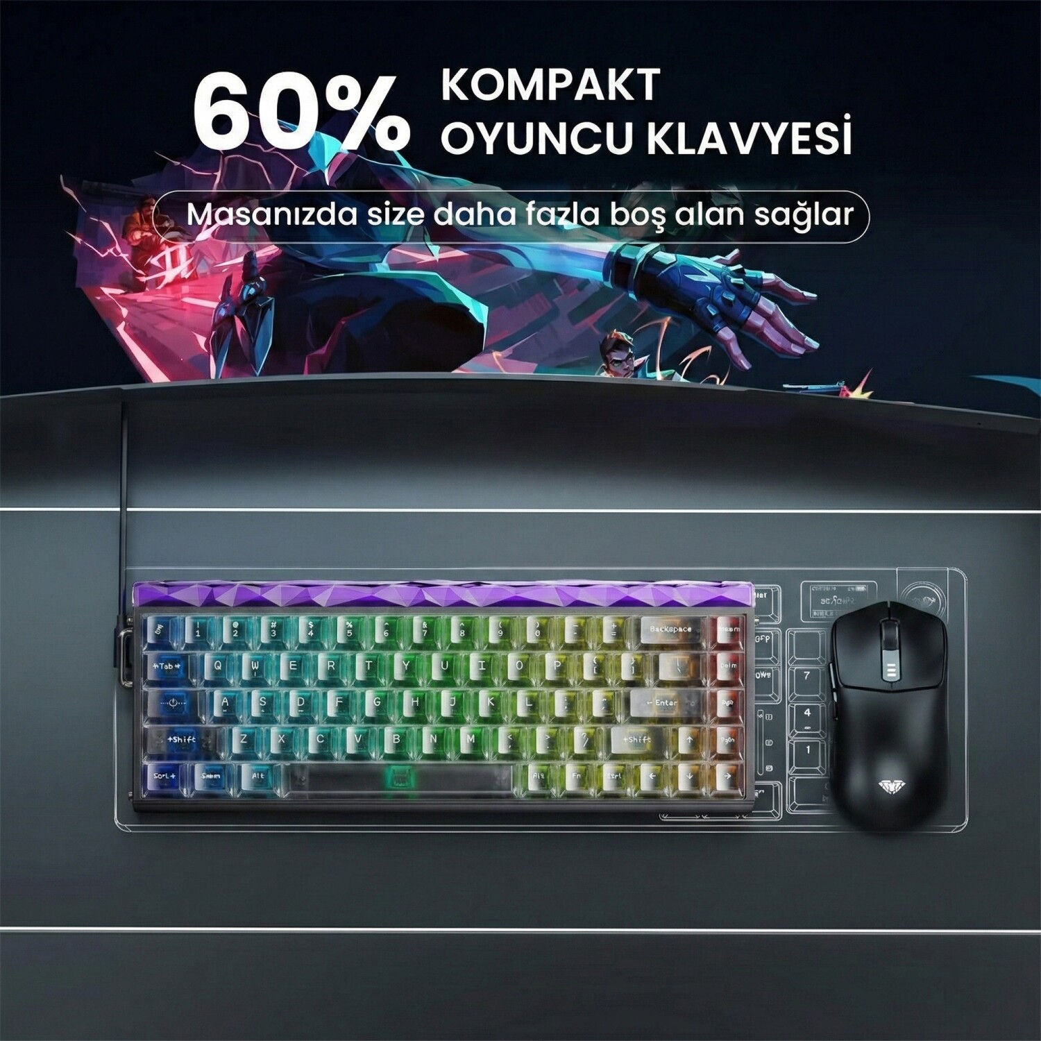 Masada mor detaylı kompakt %60 oyuncu klavyesi ve siyah mouse.