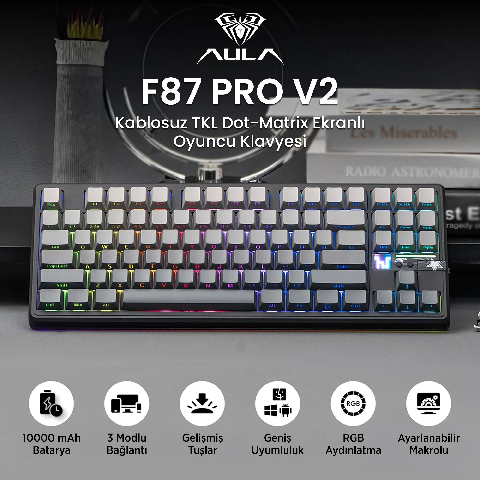 RGB aydınlatmalı ve arka planda yazılı siyah AULA F87 Pro V2 oyuncu klavyesi.