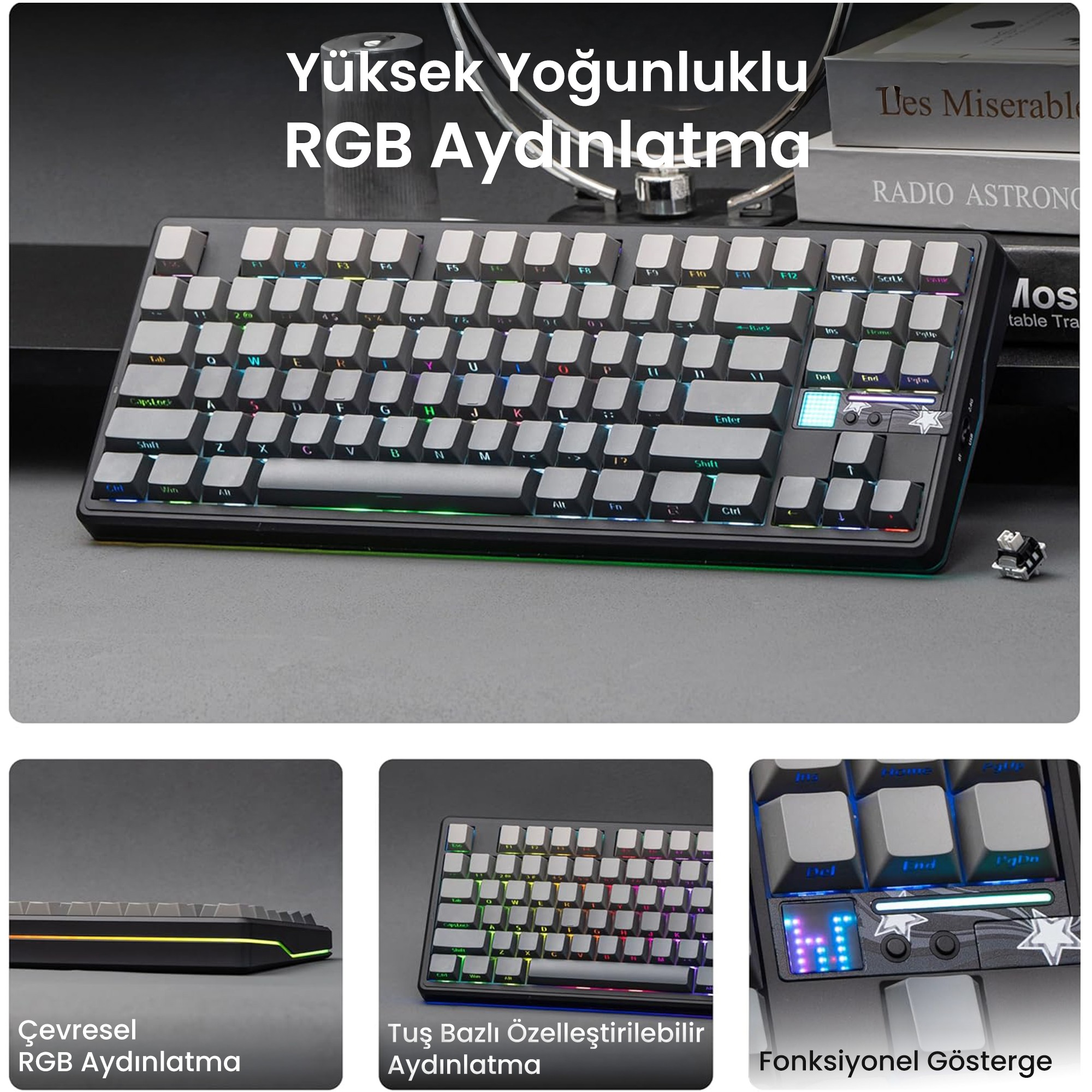 Gri tuşlu ve RGB aydınlatmalı mekanik klavye, yakın çekimde ve altta üç küçük detay görseliyle birlikte gösteriliyor.