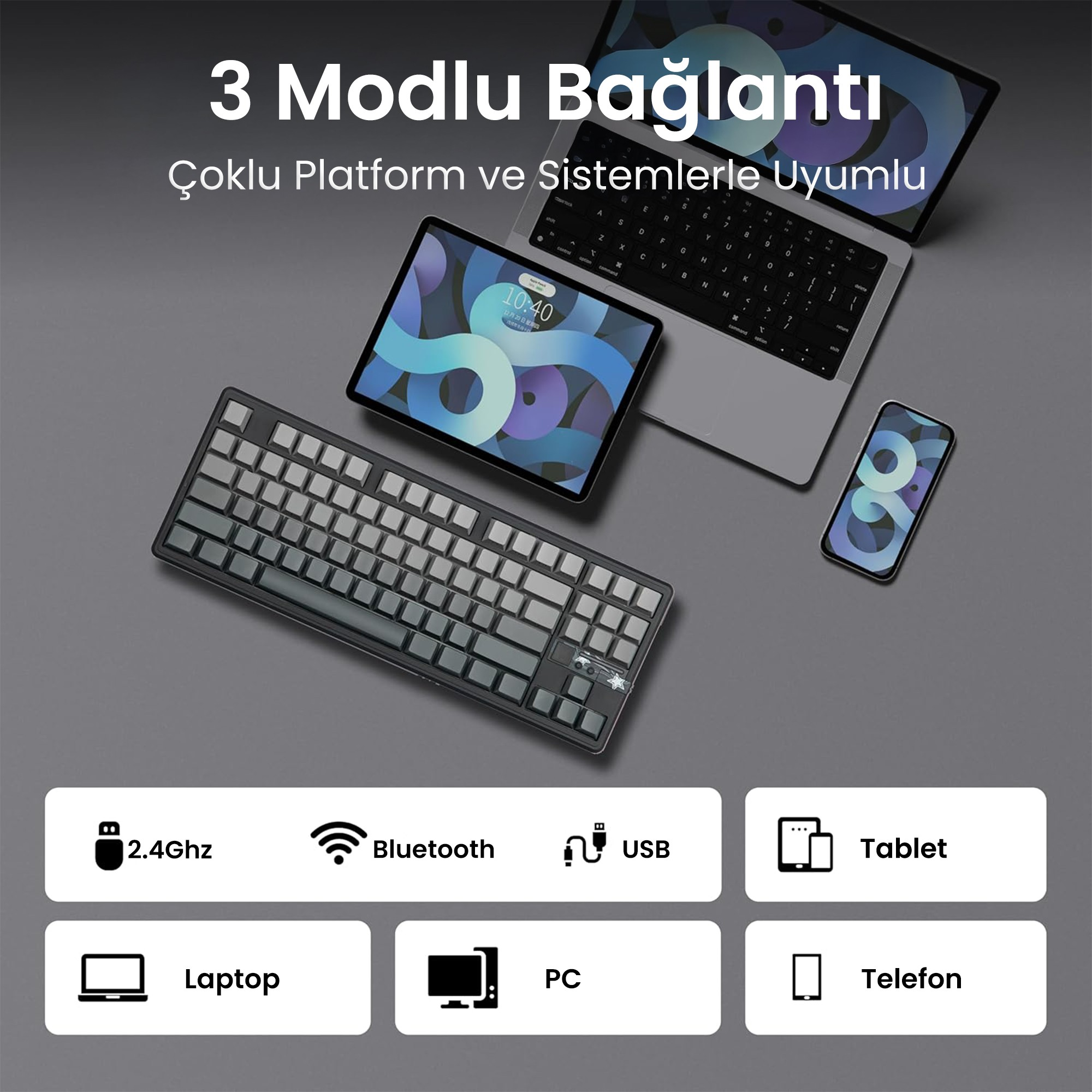 Çoklu bağlantı ve uyumluluk simgeleriyle klavye, tablet, dizüstü bilgisayar ve akıllı telefon.