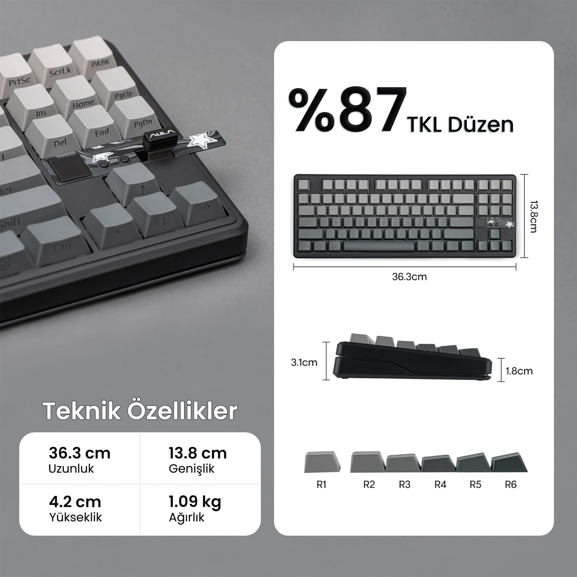 Bir 87% TKL mekanik klavyenin teknik özellikleri ve ölçüleri.