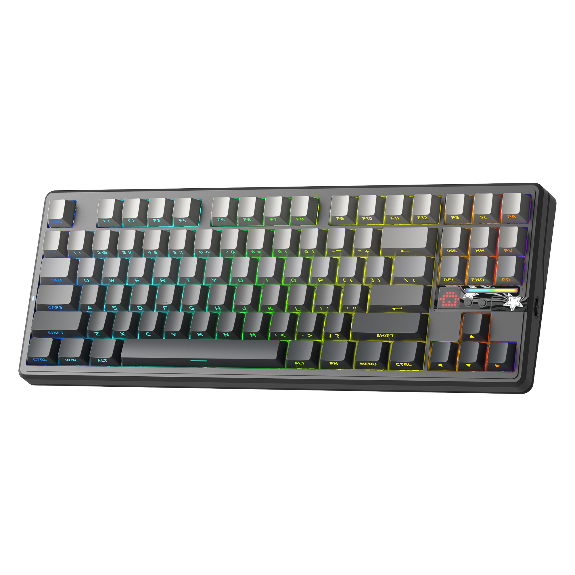 Gri tuş kapaklarına ve canlı RGB arka aydınlatmaya sahip siyah mekanik klavye.