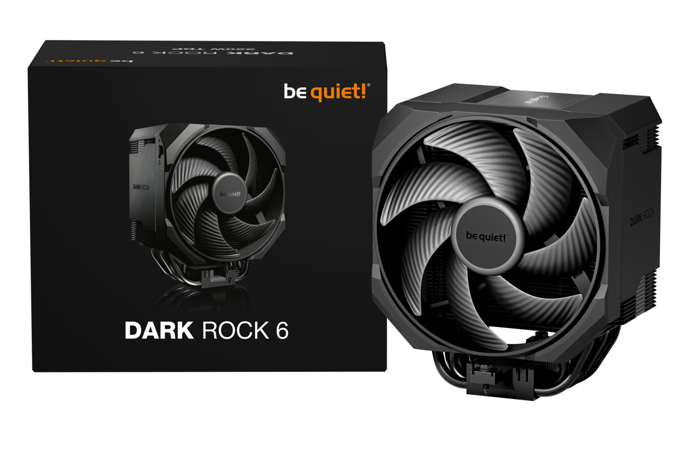 Zwarte CPU-koeler, Dark Rock 6, naast zijn zwarte productdoos tegen een witte achtergrond.