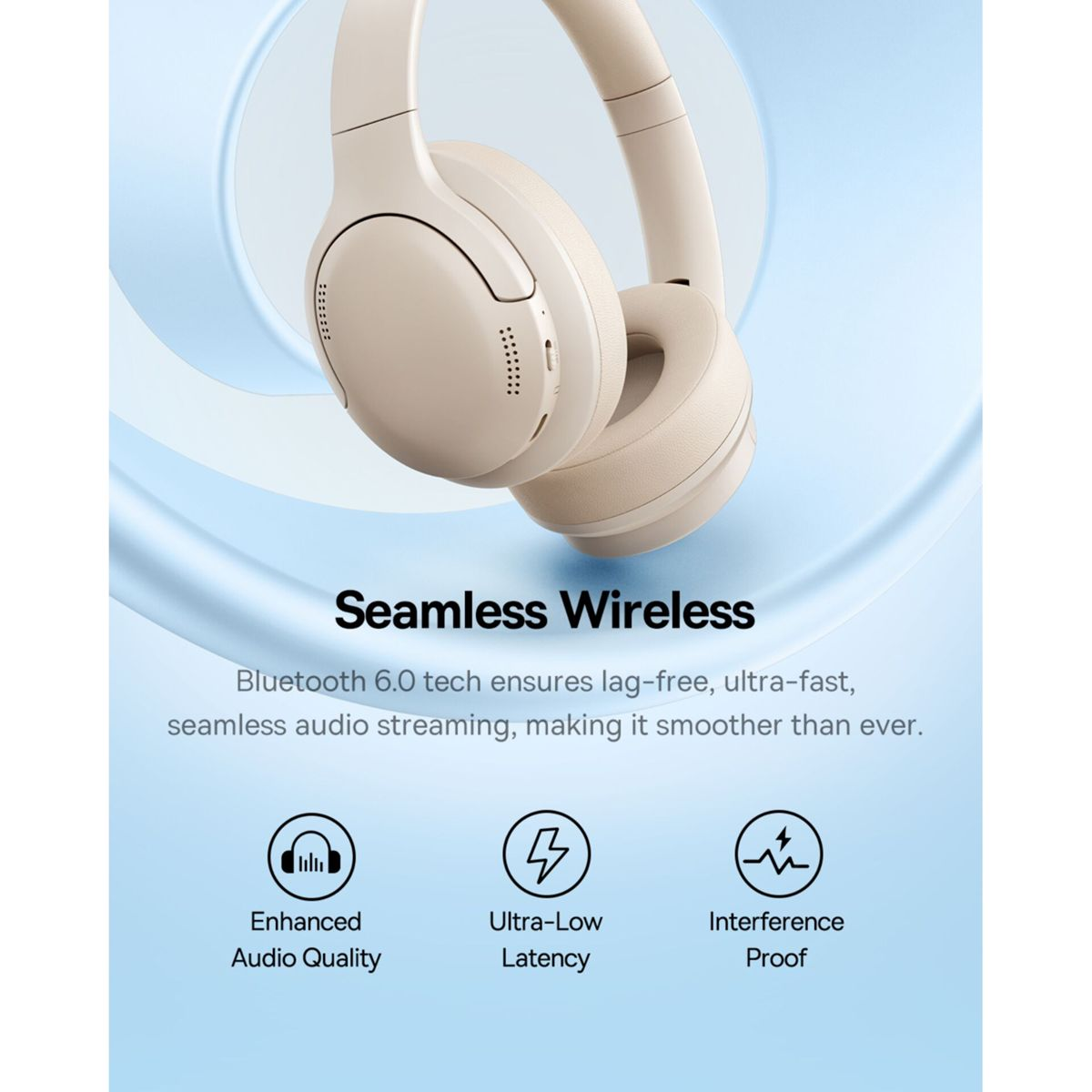 Cuffie wireless beige su sfondo blu con testo e tre icone di funzioni.
