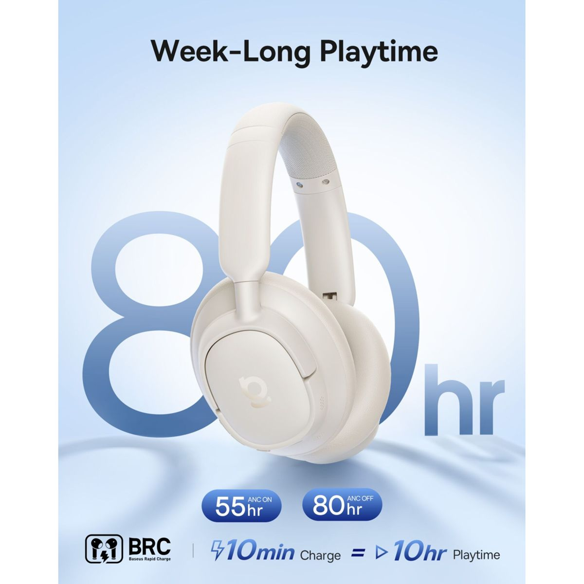 Casque sans fil beige sur fond bleu avec texte sur l'autonomie.