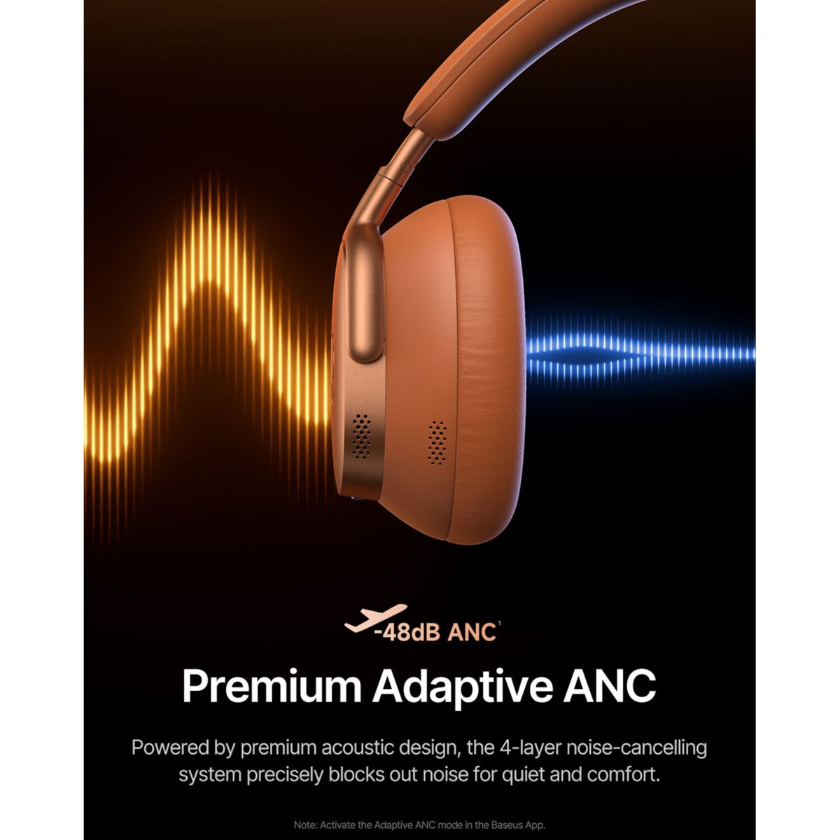 Cuffie over-ear arancioni su sfondo nero con onde sonore gialle e testo bianco sull'ANC.