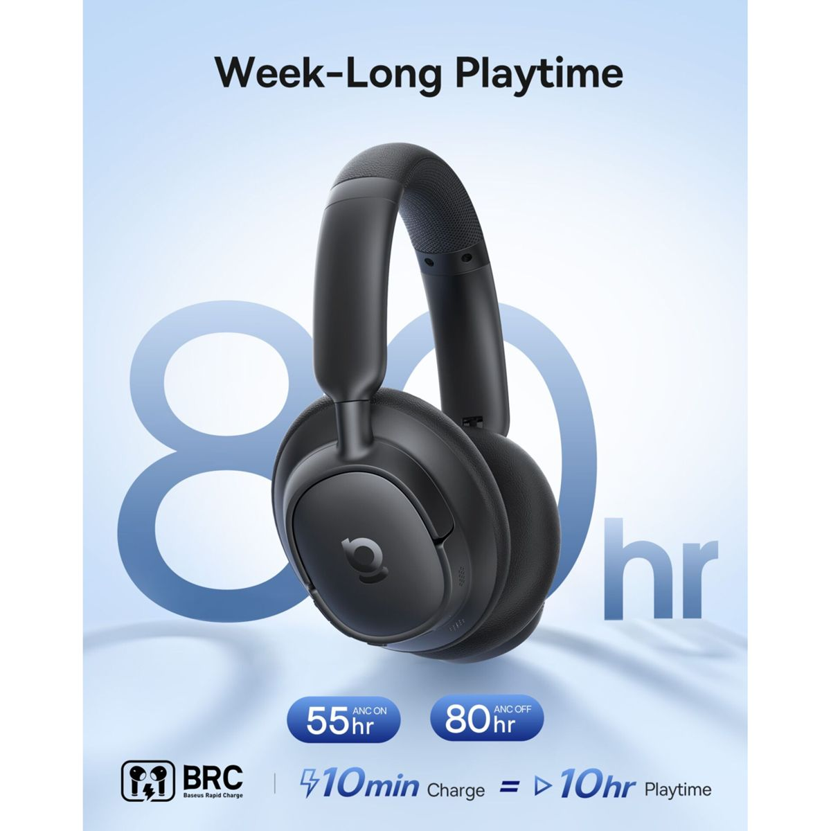 Cuffie over-ear nere su sfondo blu con testo sulla durata della batteria.