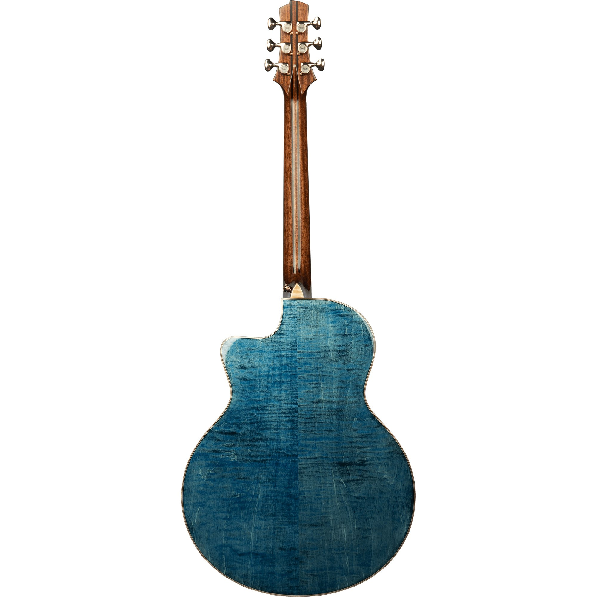 Beyaz arka plan üzerinde mavi ahşap gövdeye ve kahverengi sapa sahip akustiğin gitarın arka görünümü.