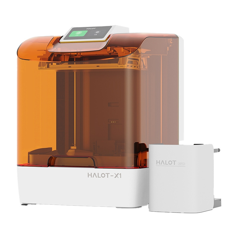Una stampante 3D Halot-X1 bianca e arancione con coperchio trasparente e un modulo adiacente su sfondo bianco.
