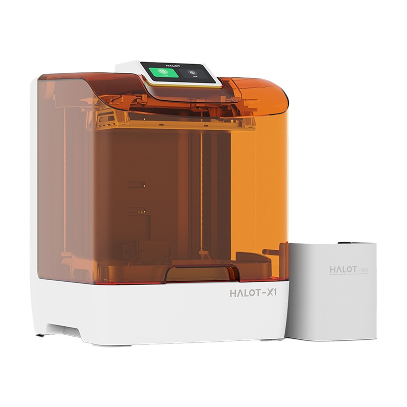 Una stampante 3D HALOT-X1 bianca e arancione con coperchio ambra trasparente e contenitore.