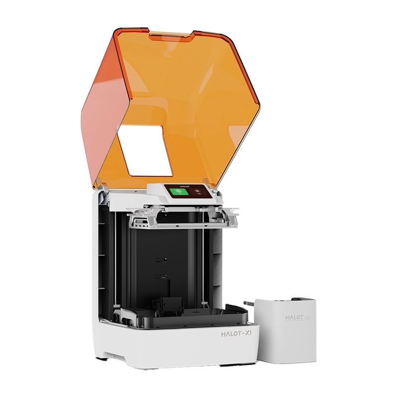 Stampante 3D Halot-X1 con corpo bianco, coperchio arancione aperto e serbatoio separato su sfondo bianco.