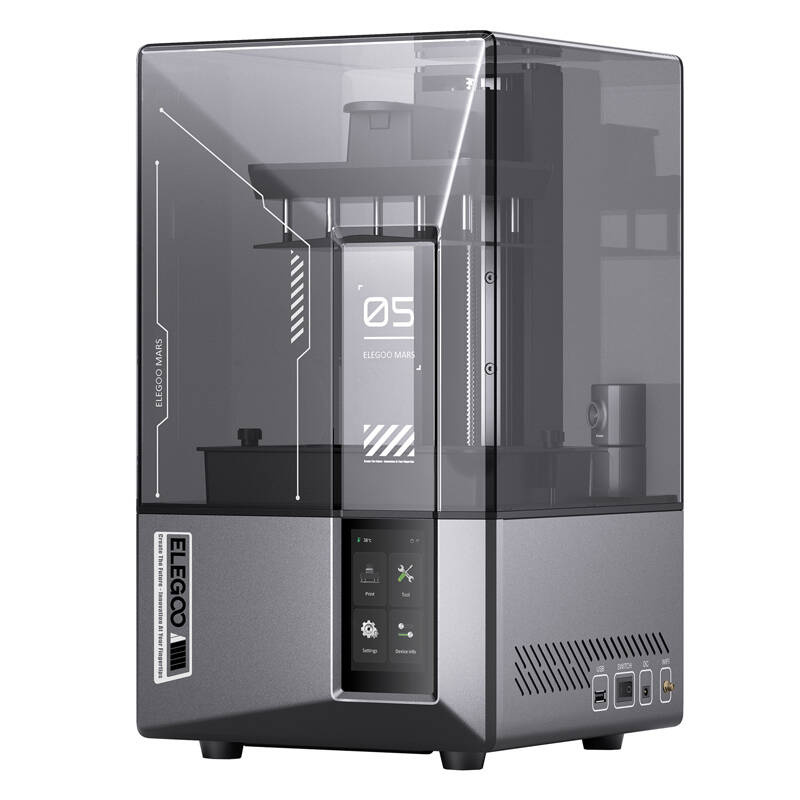Stampante 3D Elegoo Mars con base grigia, coperchio trasparente e display touch.