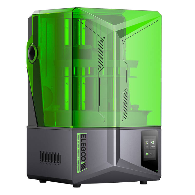 Una stampante 3D Elegoo con coperchio verde traslucido e base grigio scuro su sfondo bianco.