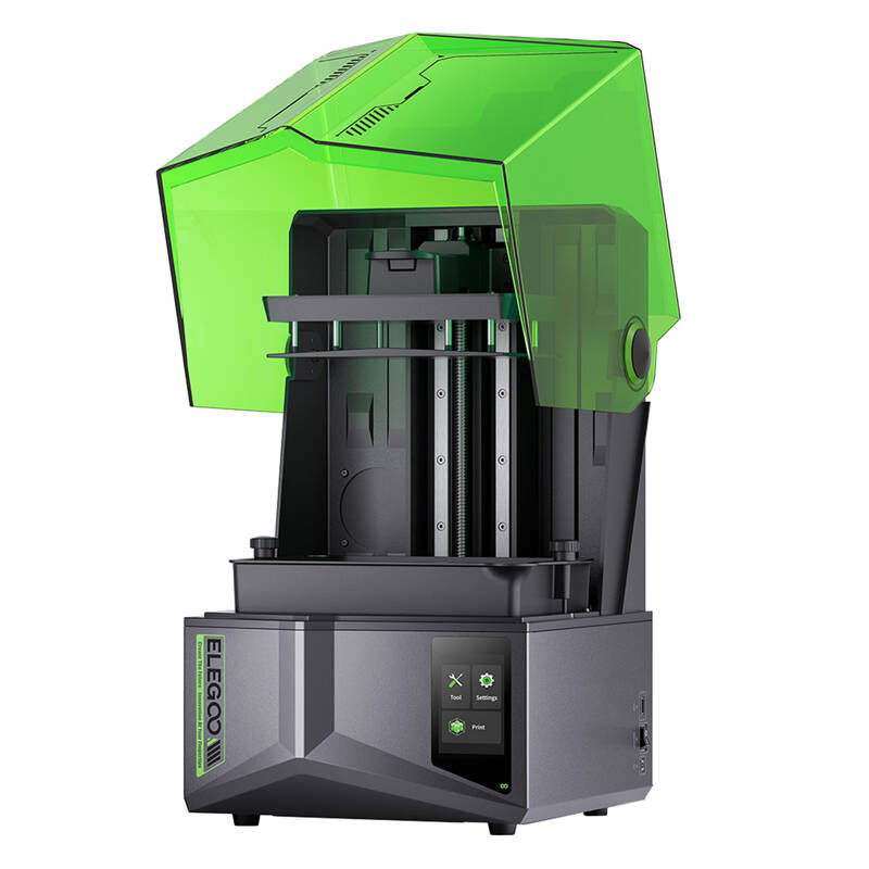 Stampante 3D nera con coperchio protettivo verde traslucido sollevato, che mostra il piano e la vite verticale.