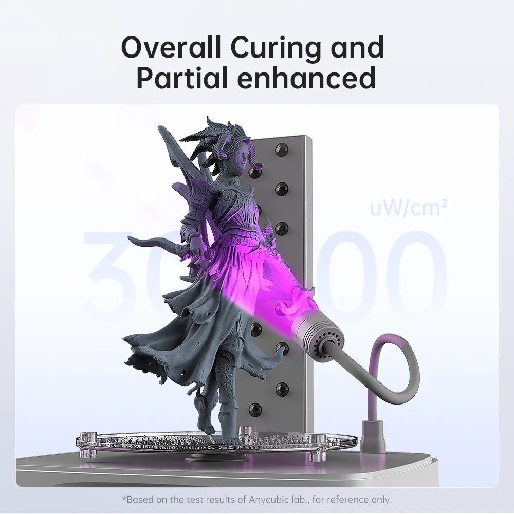 Eine UV-Lampe härtet gezielt eine detailreiche graue 3D-Figur auf einem Ständer aus.