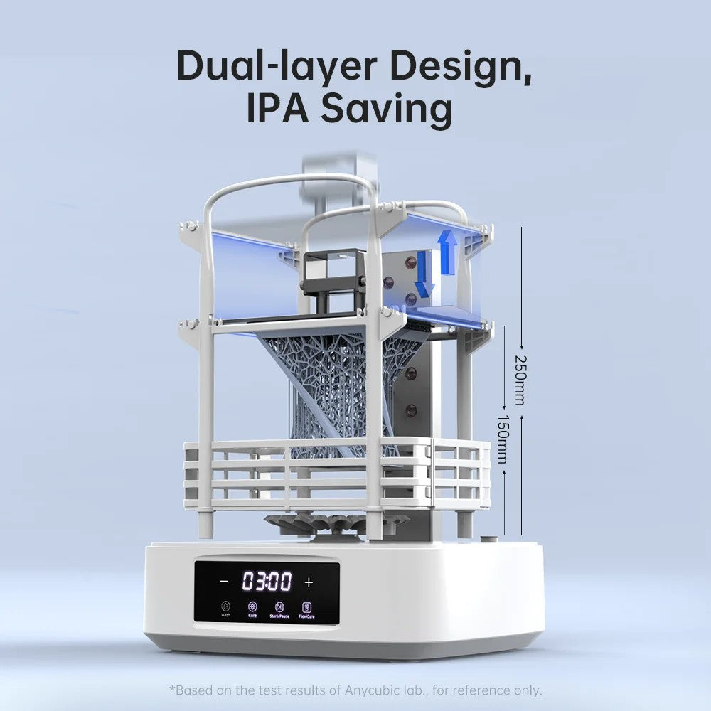3D-Drucker mit doppeltem Design und digitalem Display vor blauem Hintergrund.