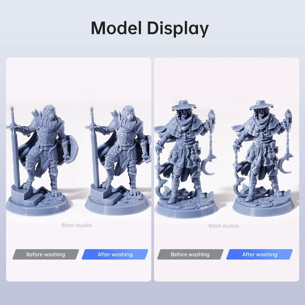 Vergleich von zwei grauen 3D-gedruckten Miniaturmodellen vor und nach dem Waschen.