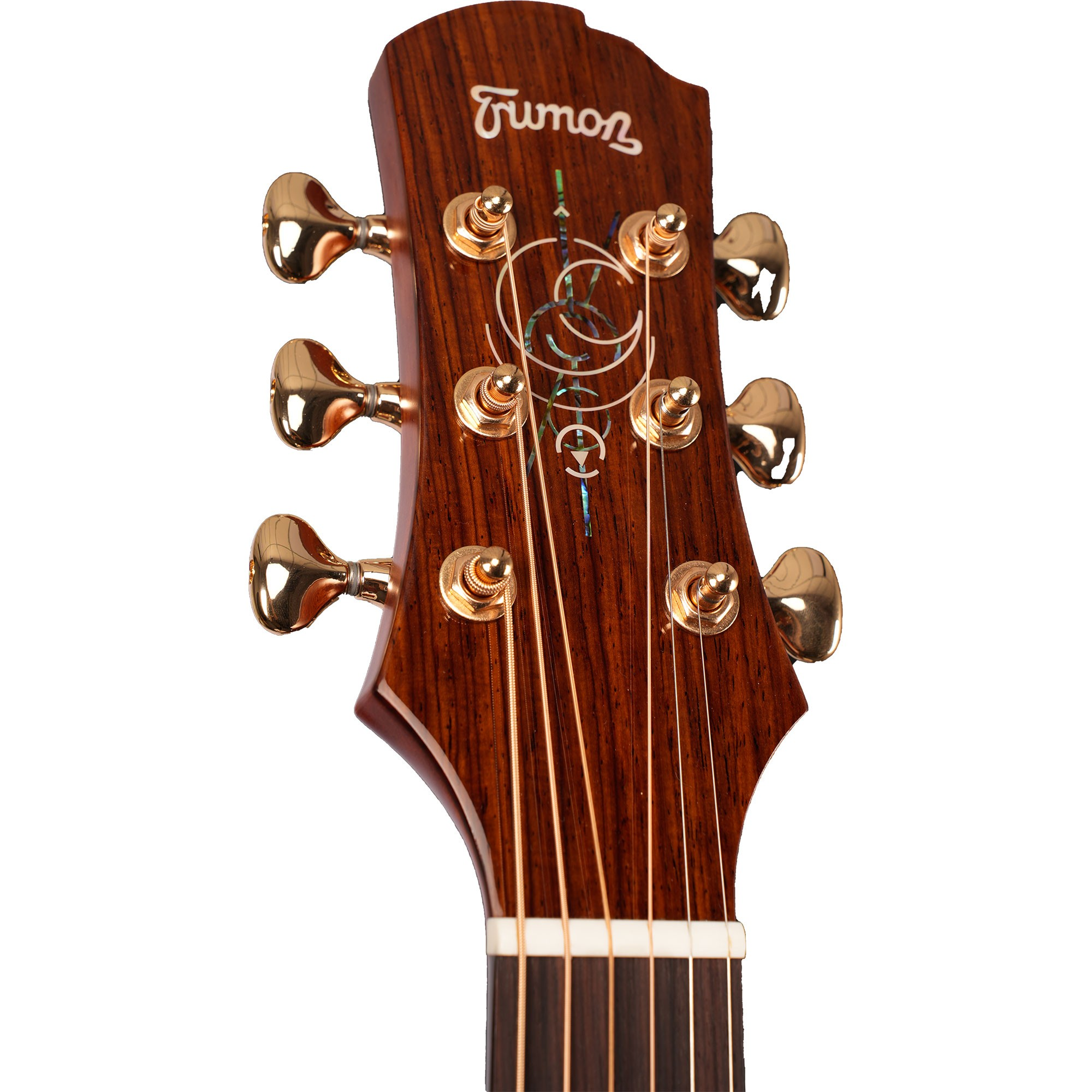 Altın renkli akort burguları, beyaz marka yazısı ve sedef kakması olan ahşap gitar başlığının yakın çekimi.