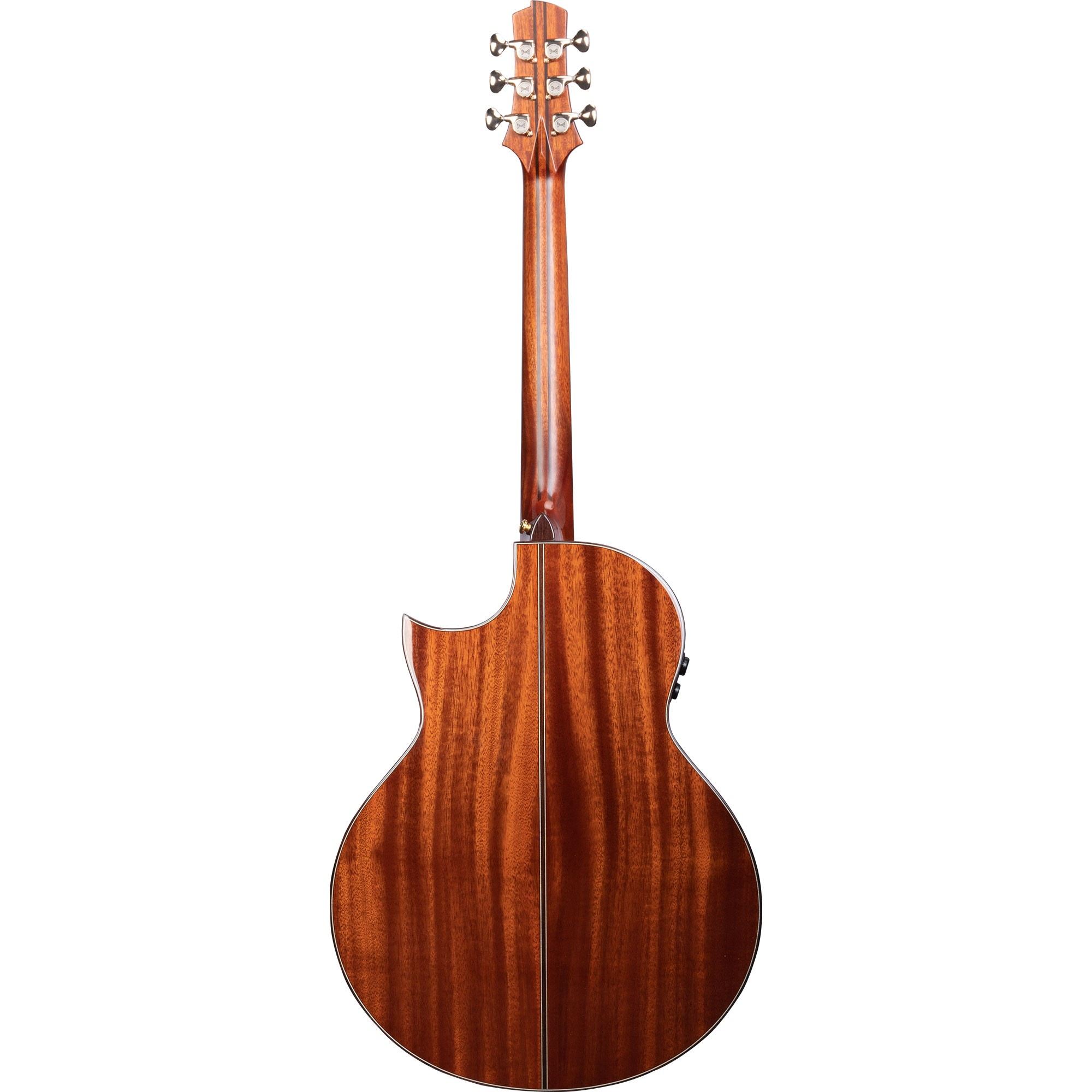 Cilahı maun gövdesi, sapı ve gümüş renkli akort kulakları olan akustik gitarın arka görünümü.